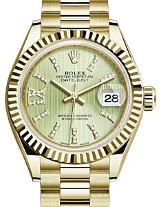 Rolex Lady Datejust 28 Yellow Gold Linden Diamond Index/Roman IX Dial & Fluted Bezel President Bracelet 279178 - BRAND NEW
