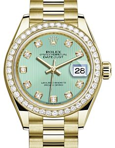 Rolex Lady Datejust 28 Yellow Gold Mint Green Diamond Dial & Diamond Bezel President Bracelet 279138RBR - BRAND NEW