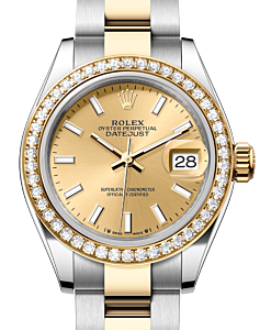 Rolex Lady Datejust 28 Yellow Gold/Steel Champagne Index Dial & Diamond Bezel Oyster Bracelet 279383RBR - BRAND NEW