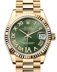 Rolex Lady-Datejust 31 Yellow Gold Olive Green Roman Diamond VI Dial & Fluted Bezel President Bracelet 278278 - BRAND NEW
