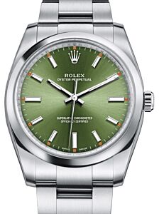 Rolex Oyster Perpetual 34 Stainless Steel Olive Green Index Dial & Smooth Bezel Oyster Bracelet 114200 