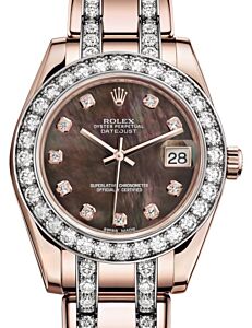 Rolex Pearlmaster 34 Rose Gold Black Mother of Pearl Diamond Dial & Diamond Bezel Diamond Set Pearlmaster Bracelet 81285 - BRAND NEW