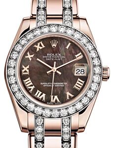 Rolex Pearlmaster 34 Rose Gold Black Mother of Pearl Roman Dial & Diamond Bezel Diamond Set Pearlmaster Bracelet 81285 - BRAND NEW