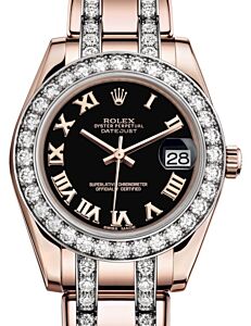 Rolex Pearlmaster 34 Rose Gold Black Roman Dial & Diamond Bezel Diamond Set Pearlmaster Bracelet 81285 - BRAND NEW