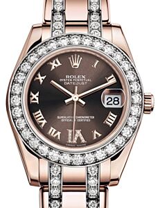 Rolex Pearlmaster 34 Rose Gold Chocolate Roman & Diamond VI Dial & Diamond Bezel Diamond Set Pearlmaster Bracelet 81285 - BRAND NEW