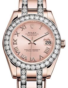 Rolex Pearlmaster 34 Rose Gold Pink Roman Dial & Diamond Bezel Diamond Set Pearlmaster Bracelet 81285 - BRAND NEW