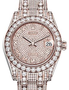 Rolex Pearlmaster 34 Rose Gold set with Diamonds Diamond Paved Roman Dial & Diamond Bezel Diamond Paved Pearlmaster Bracelet 81405RBR - BRAND NEW