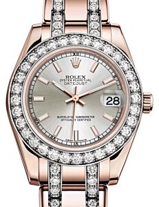 Rolex Pearlmaster 34 Rose Gold Silver Index Dial & Diamond Bezel Diamond Set Pearlmaster Bracelet 81285 - BRAND NEW