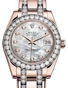 Rolex Pearlmaster 34 Rose Gold White Mother of Pearl Diamond Dial & Diamond Bezel Diamond Set Pearlmaster Bracelet 81285 - BRAND NEW
