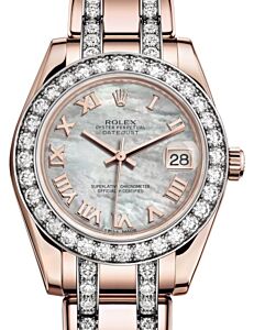 Rolex Pearlmaster 34 Rose Gold White Mother of Pearl Roman Dial & Diamond Bezel Diamond Set Pearlmaster Bracelet 81285 - BRAND NEW