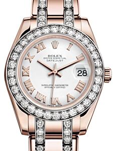 Rolex Pearlmaster 34 Rose Gold White Roman Dial & Diamond Bezel Diamond Set Pearlmaster Bracelet 81285 - BRAND NEW