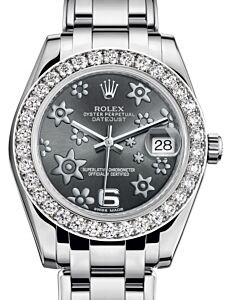Rolex Pearlmaster 34 White Gold Dark Rhodium Floral Motif Arabic Dial & Diamond Bezel Pearlmaster Bracelet 81299 - BRAND NEW