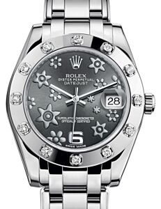 Rolex Pearlmaster 34 White Gold Dark Rhodium Floral Motif Arabic Dial & Diamond Set Bezel Pearlmaster Bracelet 81319 - BRAND NEW