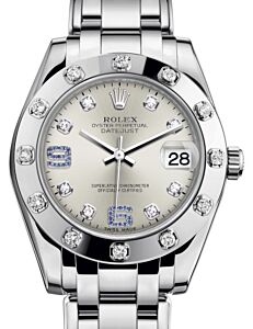 Rolex Pearlmaster 34 White Gold Silver Diamond & Sapphire Arabic Dial & Diamond Set Bezel Pearlmaster Bracelet 81319 - BRAND NEW