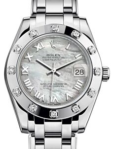 Rolex Pearlmaster 34 White Gold White Mother of Pearl Roman Dial & Diamond Set Bezel Pearlmaster Bracelet 81319 - BRAND NEW