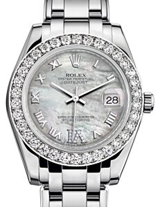 Rolex Pearlmaster 34 White Gold White Mother of Pearl Roman & Diamond VI Dial & Diamond Bezel Pearlmaster Bracelet 81299 - BRAND NEW