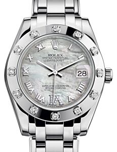 Rolex Pearlmaster 34 White Gold White Mother of Pearl Roman & Diamond VI Dial & Diamond Set Bezel Pearlmaster Bracelet 81319 - BRAND NEW