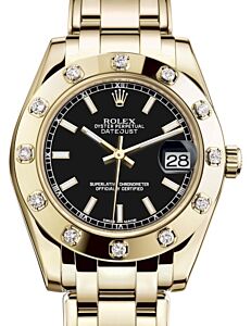 Rolex Pearlmaster 34 Yellow Gold Black Index Dial & Diamond Set Bezel Pearlmaster Bracelet 81318 - BRAND NEW