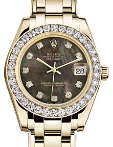 Rolex Pearlmaster 34 Yellow Gold Black Mother of Pearl Diamond Dial & Diamond Bezel Pearlmaster Bracelet 81298 - BRAND NEW
