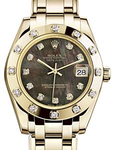 Rolex Pearlmaster 34 Yellow Gold Black Mother of Pearl Diamond Dial & Diamond Set Bezel Pearlmaster Bracelet 81318 - BRAND NEW