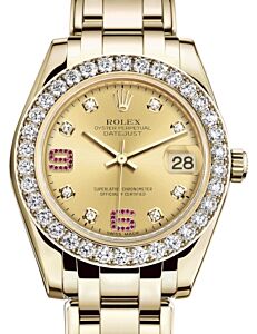 Rolex Pearlmaster 34 Yellow Gold Champagne Diamond & Ruby Arabic Dial & Diamond Bezel Pearlmaster Bracelet 81298 - BRAND NEW