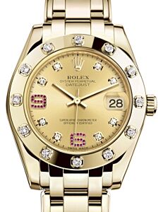Rolex Pearlmaster 34 Yellow Gold Champagne Diamond & Ruby Arabic Dial & Diamond Set Bezel Pearlmaster Bracelet 81318 - BRAND NEW