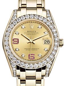Rolex Pearlmaster 34 Yellow Gold Champagne Diamond & Ruby Arabic Dial & Diamond Set Case & Bezel Pearlmaster Bracelet 81298 - BRAND NEW