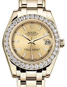 Rolex Pearlmaster 34 Yellow Gold Champagne Index Dial & Diamond Bezel Pearlmaster Bracelet 81298 - BRAND NEW