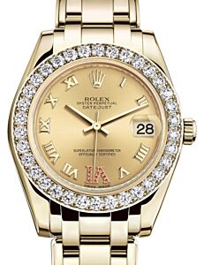 Rolex Pearlmaster 34 Yellow Gold Champagne Roman & Ruby VI Dial & Diamond Bezel Pearlmaster Bracelet 81298 - BRAND NEW