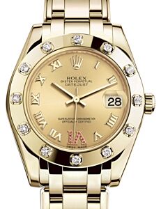 Rolex Pearlmaster 34 Yellow Gold Champagne Roman & Ruby VI Dial & Diamond Set Bezel Pearlmaster Bracelet 81318 - BRAND NEW