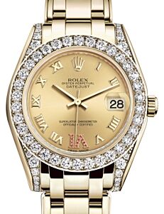 Rolex Pearlmaster 34 Yellow Gold Champagne Roman & Ruby VI Dial & Diamond Set Case & Bezel Pearlmaster Bracelet 81298 - BRAND NEW