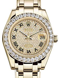 Rolex Pearlmaster 34 Yellow Gold Diamond Paved Roman Dial & Diamond Bezel Pearlmaster Bracelet 81298 - BRAND NEW