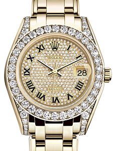 Rolex Pearlmaster 34 Yellow Gold Diamond Paved Roman Dial & Diamond Set Case & Bezel Pearlmaster Bracelet 81298 - BRAND NEW