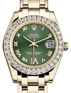 Rolex Pearlmaster 34 Yellow Gold Olive Green Roman & Diamond VI Dial & Diamond Bezel Pearlmaster Bracelet 81298 - BRAND NEW