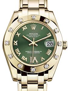 Rolex Pearlmaster 34 Yellow Gold Olive Green Roman & Diamond VI Dial & Diamond Set Bezel Pearlmaster Bracelet 81318 - BRAND NEW