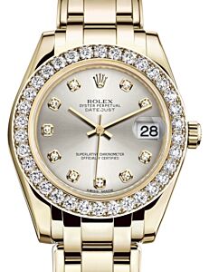 Rolex Pearlmaster 34 Yellow Gold Silver Diamond Dial & Diamond Bezel Pearlmaster Bracelet 81298 - BRAND NEW