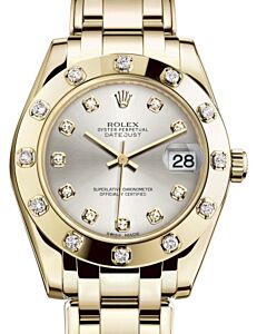 Rolex Pearlmaster 34 Yellow Gold Silver Diamond Dial & Diamond Set Bezel Pearlmaster Bracelet 81318 - BRAND NEW