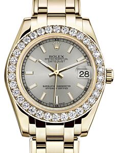 Rolex Pearlmaster 34 Yellow Gold Silver Index Dial & Diamond Bezel Pearlmaster Bracelet 81298 - BRAND NEW
