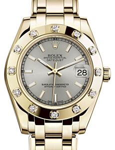 Rolex Pearlmaster 34 Yellow Gold Silver Index Dial & Diamond Set Bezel Pearlmaster Bracelet 81318 - BRAND NEW