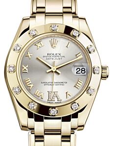 Rolex Pearlmaster 34 Yellow Gold Silver Roman & Diamond VI Dial & Diamond Set Bezel Pearlmaster Bracelet 81318 - BRAND NEW