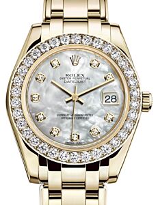 Rolex Pearlmaster 34 Yellow Gold White Mother of Pearl Diamond Dial & Diamond Bezel Pearlmaster Bracelet 81298 - BRAND NEW