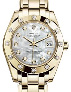 Rolex Pearlmaster 34 Yellow Gold White Mother of Pearl Diamond Dial & Diamond Set Bezel Pearlmaster Bracelet 81318 - BRAND NEW