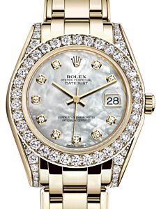 Rolex Pearlmaster 34 Yellow Gold White Mother of Pearl Diamond Dial & Diamond Set Case & Bezel Pearlmaster Bracelet 81298 - BRAND NEW