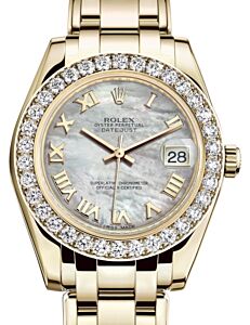 Rolex Pearlmaster 34 Yellow Gold White Mother of Pearl Roman Dial & Diamond Bezel Pearlmaster Bracelet 81298 - BRAND NEW