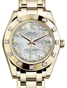 Rolex Pearlmaster 34 Yellow Gold White Mother of Pearl Roman Dial & Diamond Set Bezel Pearlmaster Bracelet 81318 - BRAND NEW