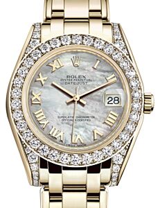 Rolex Pearlmaster 34 Yellow Gold White Mother of Pearl Roman Dial & Diamond Set Case & Bezel Pearlmaster Bracelet 81298 - BRAND NEW
