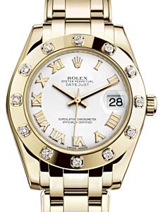 Rolex Pearlmaster 34 Yellow Gold White Roman Dial & Diamond Set Bezel Pearlmaster Bracelet 81318 - BRAND NEW