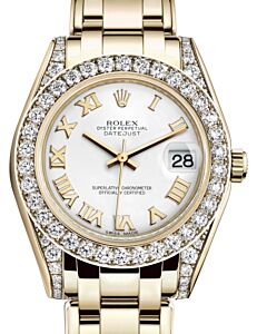 Rolex Pearlmaster 34 Yellow Gold White Roman Dial & Diamond Set Case & Bezel Pearlmaster Bracelet 81298 - BRAND NEW