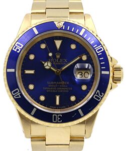 Rolex Submariner 16618 Blue 18k Yellow Gold 40mm Diver Oyster Date - PRE-OWNED