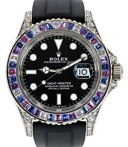 Rolex Yacht-Master 40 White Gold Black Dial Diamond/Sapphires Bezel Oysterflex Rubber Strap 126679SABR - BRAND NEW